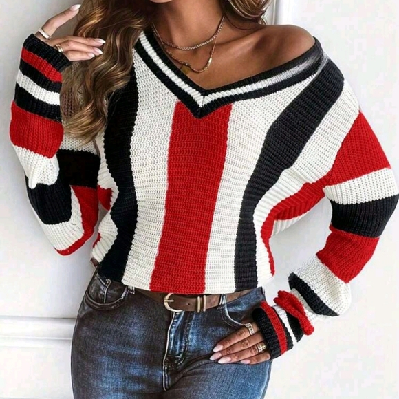 Ladies Colorblocked Striped Print Long Sleeve Sweater - Picture 1 of 5